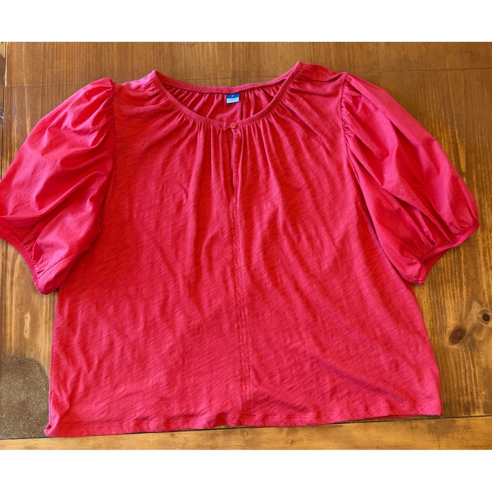 Old Navy Womens XL Faded Red Cotton Slub Puff Sleeve‎ Keyhole Blouse Top